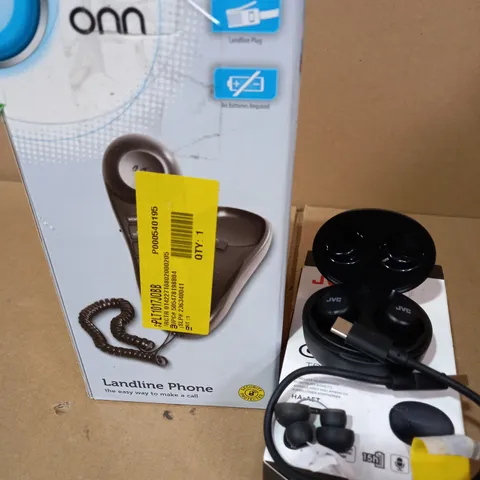 LOT OF 2 X ITEMS TO INCLUDE JVC HA-A5T GUMY MINI WIRELESS HEADPHONES AND ONN LANDLINE PHONE