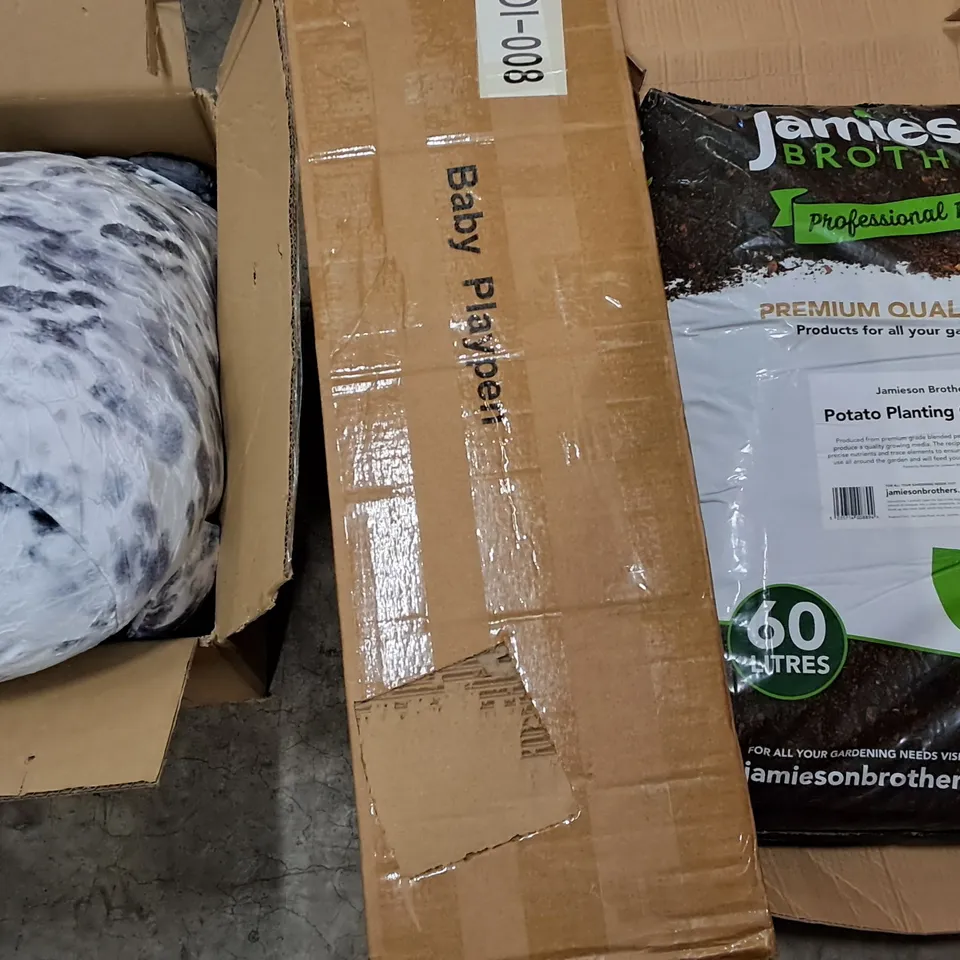 PALLET OF ASSORTED HOUSEHOLD ITEMS TO INCLUDE JAMESON BROTHERS COMPOST, SEAL PLUSHIE AND AIR FRYER