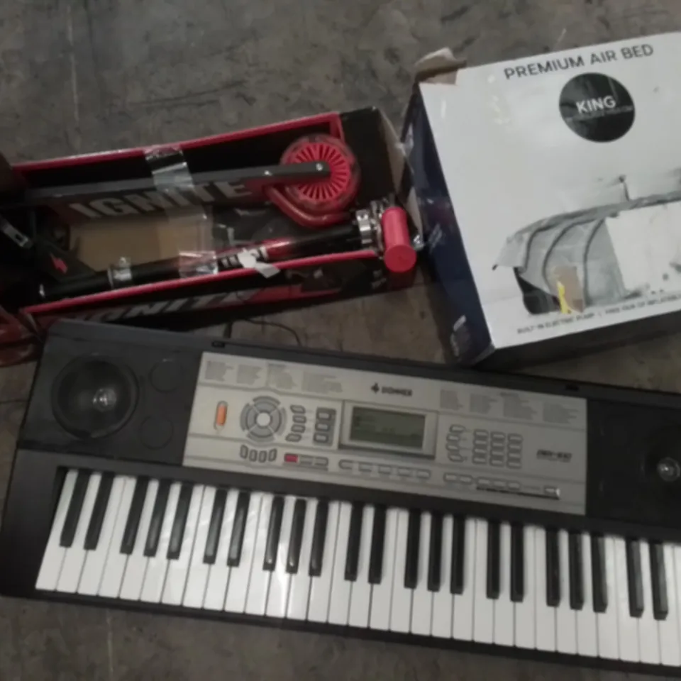 PALLET OF ASSORTED HOUSEHOLD ITEMS TO INCLUDE BOXED STROLLER, PREMIUM AIR BED, DONNER KEYBOARD AND ELECTRIC FIRE