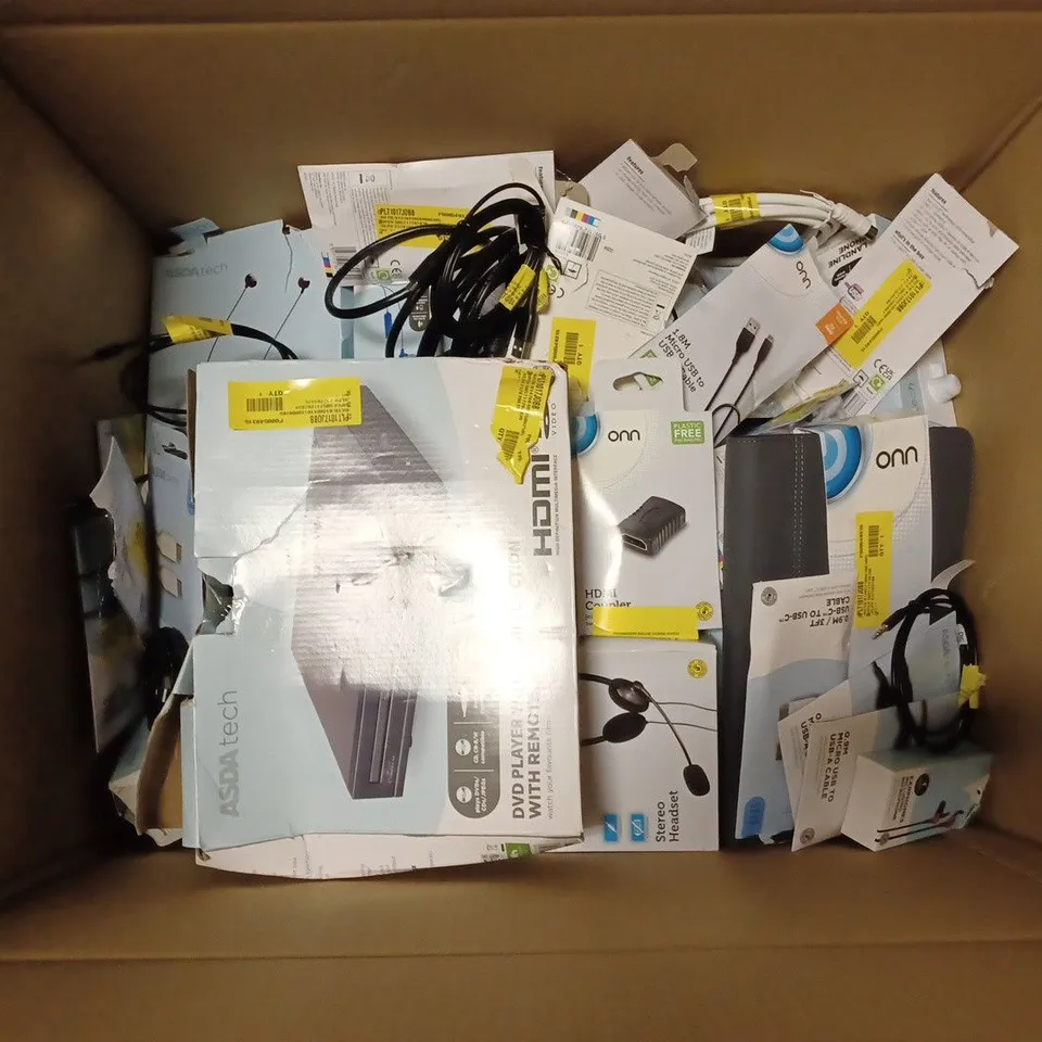 BOX OF APPROX 20 ASSORTED ITEMS INCLUDING KIDS WIRED HEADPHONES, MISS EX1 WIRELESS HEADPHONES AND WIRED OPTICAL MOUSE