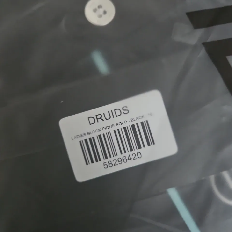 BAGGED DRUIDS LADIES BLOCK PIQUE POLO SHIRT – BLACK, UK SIZE 10