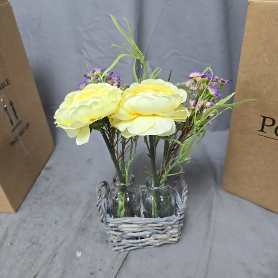 PEONY ARTIFICIAL FLOWER ARRANGEMENT IN WHITE-WASHED BASKET – YELLOW ROSES WITH PURPLE ACCENTS