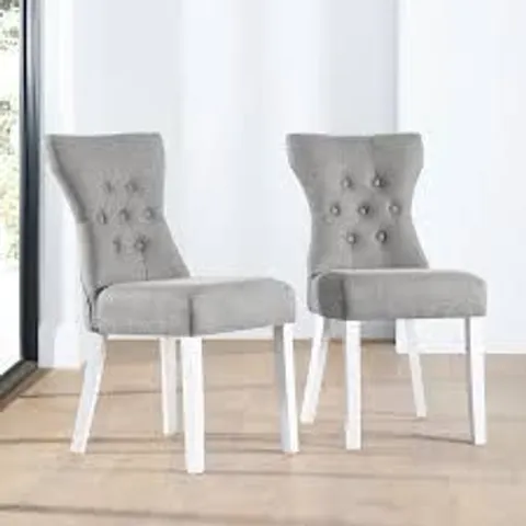 BOXED DUKE LIGHT GREY FABRIC BUTTON BACK DINING CHAIR - WHITE LEGS (1 BOX)