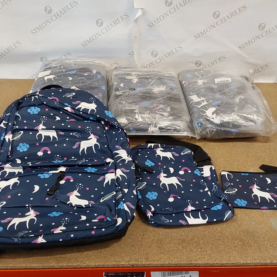 LOT OF APPROXIMATELY 4X 3PCS BRAND NEW UNICORN SCHOOL RUCKSACK, BAG AND PENCIL CASE SETS (4 ITEMS TAPED TOGETHER)