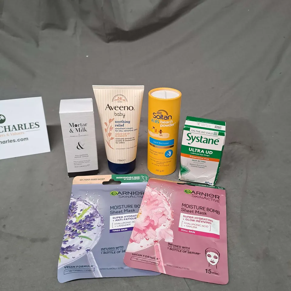 APPROXIMATELY 20 ASSORTED COSMETIC PRODUCTS TO INCLUDE GARNIER MOISTURE BOMB SHEET MASKS, AVEENO BABY LOTION AND SOLTAN KIDS BEACH POWDER