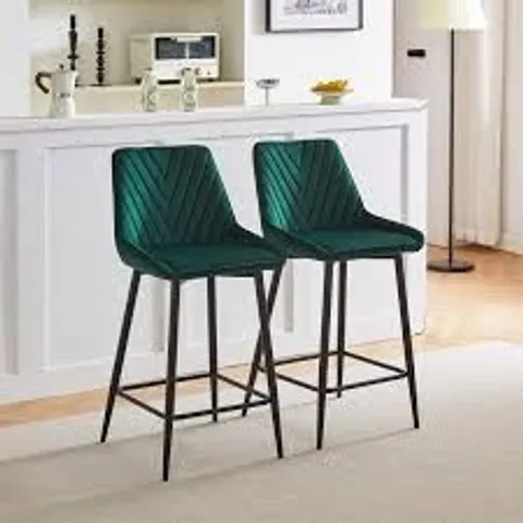 BOXED SET OF 2 DESIGNER GREEN VELVET BAR STOOLS, BLACK METAL LEGS (1 BOX)