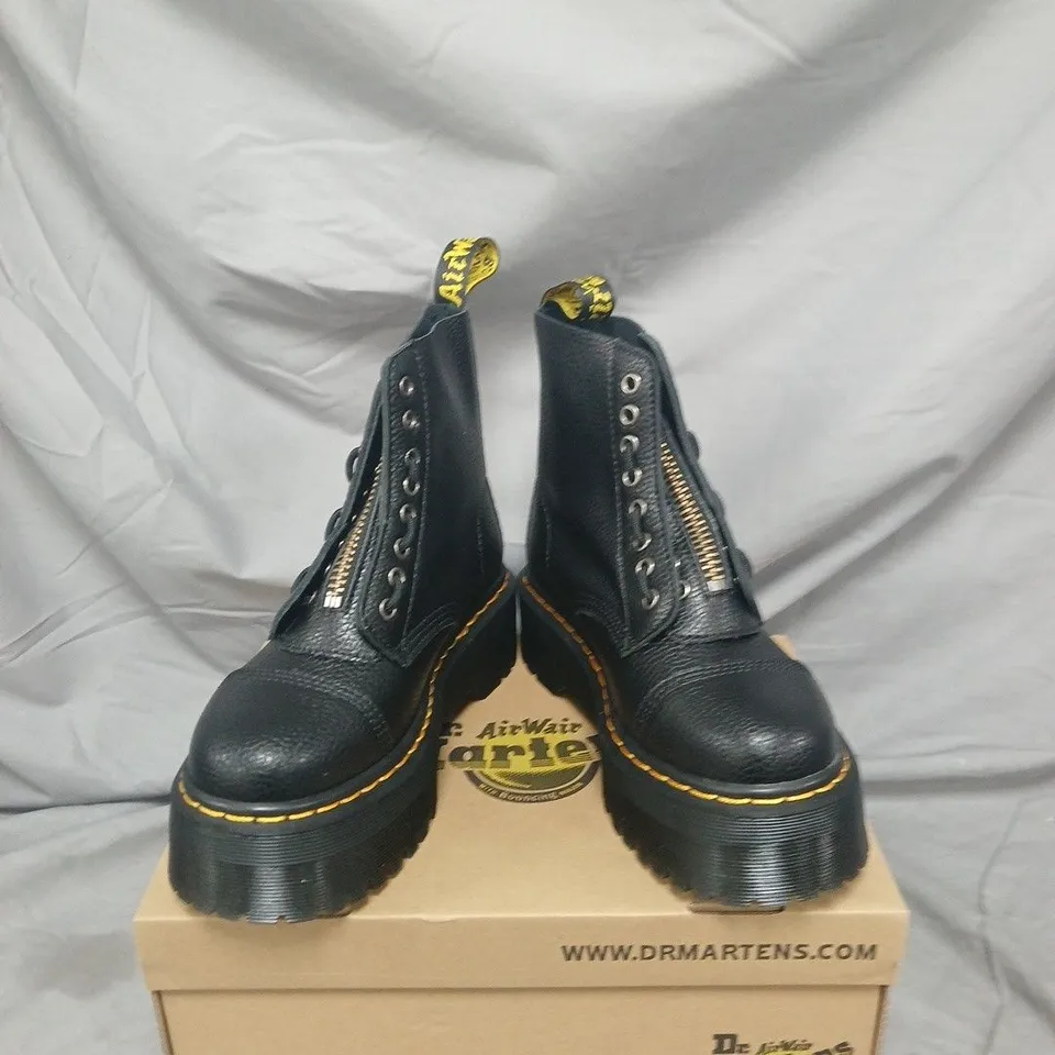 DR. MARTENS BLACK LEATHER COMBAT BOOTS – 8-EYELET, SIDE ZIP, AIRWAIR PULL TAB, PLATFORM SOLE - SIZE 6
