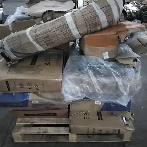 PALLET OF HOUSEHOLD ITEMS TO INCLUDE OFFICE CHAIR, WHEEL-BARROW, HEATER AND OTHER ASSORTED ITEMS...