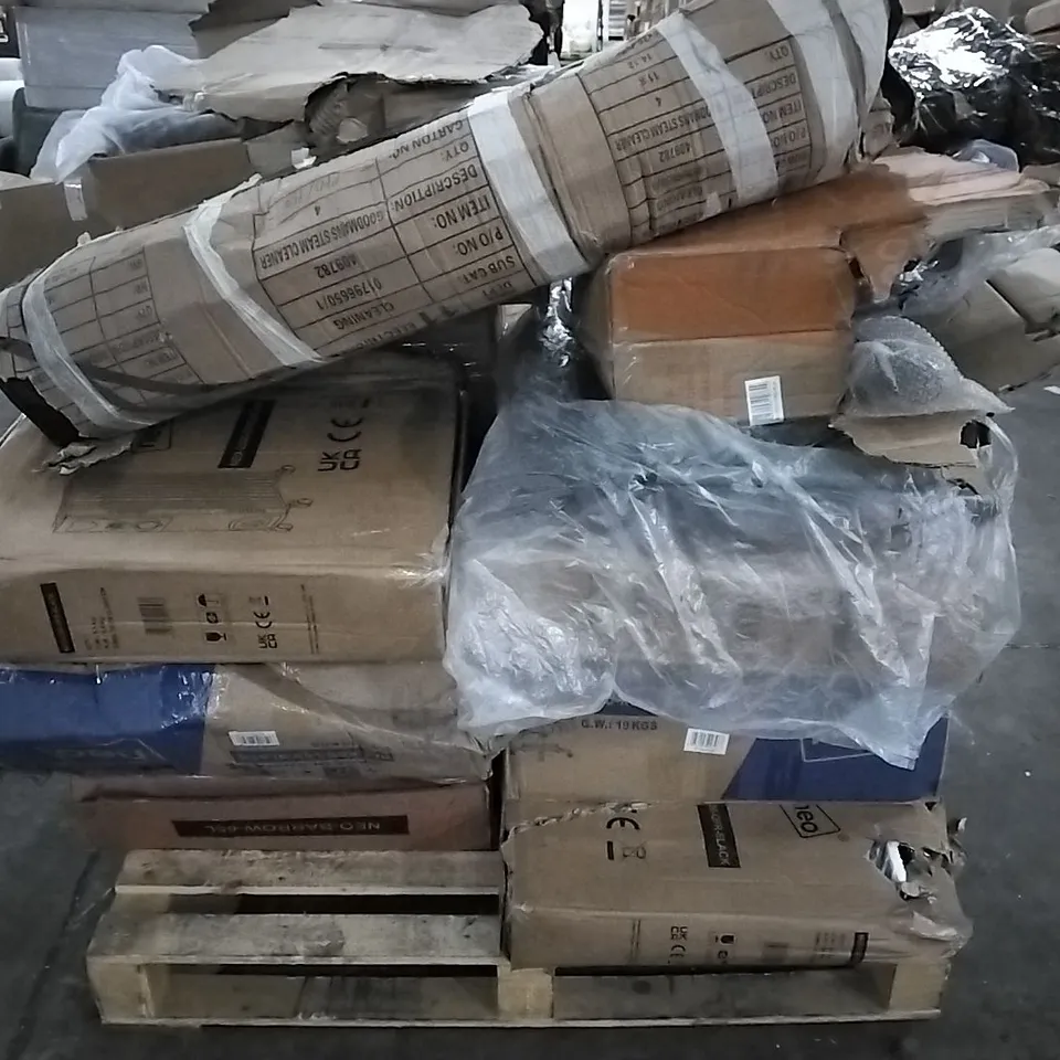 PALLET OF HOUSEHOLD ITEMS TO INCLUDE OFFICE CHAIR, WHEEL-BARROW, HEATER AND OTHER ASSORTED ITEMS...