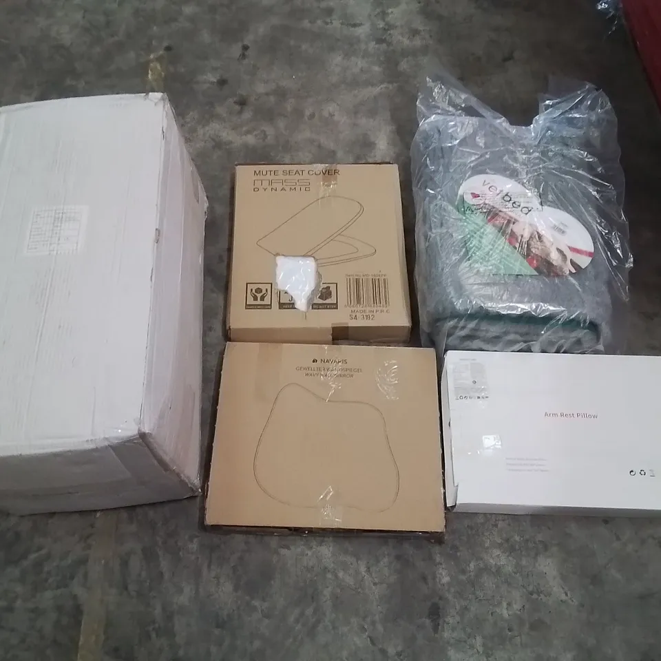PALLET CONTAINING ASSORTED ITEMS TO INCLUDE: BOXED MATTRESS TOPPER, WAVY WALL MIRROR, PET BED, TOILET SEAT, ARM REST PILLOW ECT
