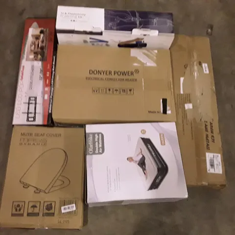 PALLET OF ASSORTED PRODUCTS INCLUDING ELECTRICAL CONVECTOR HEATER, MUTE SEAT COVER, OLARHIKE DOUBLE HIGH AIR MATTRESS, TV WALL MOUNT, IV & PHLEBOTOMY TRAINING KIT, BALLOON ARCH KIT