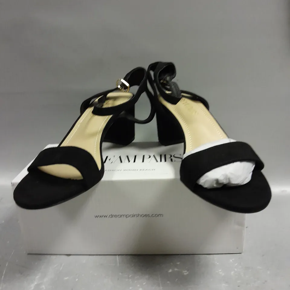 BOXED PAIR OF DREAM PARIS CARNIVAL BLACK SUEDE OPEN TOE SHOES - 9.5