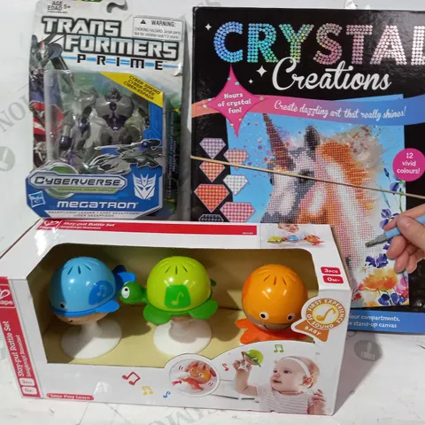 BOX OF APPROXIMATELY 15 ASSORTED TOYS AND GAMES TO INCLUDE CRYSTAL CREATIONS, STAY-PUT RATTLE SET, TRANSFORMERS PRIME MEGATRON FIGURE, ETC