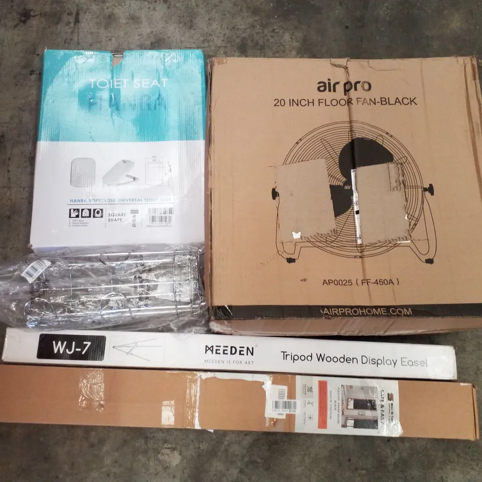PALLET CONTAINING ASSORTED PRODUCTS INCLUDING TOILET SEAT, 20" FLOOR FAN, TOILET ROLLER HOLDER, TRIPOD WOODEN DISPLAY EASEL & PLEATED PAPER SHADES 