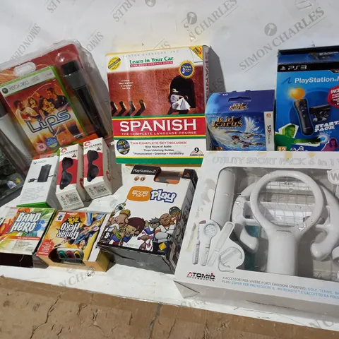 13 ASSORTED ITEMS TO INCLUDE: PS3 PLAYSTATION MOVE, WII UTILITY SPORT PACK, PLAYSTATION 2 EYE TOY PLAY, 3D GLASSES ETC