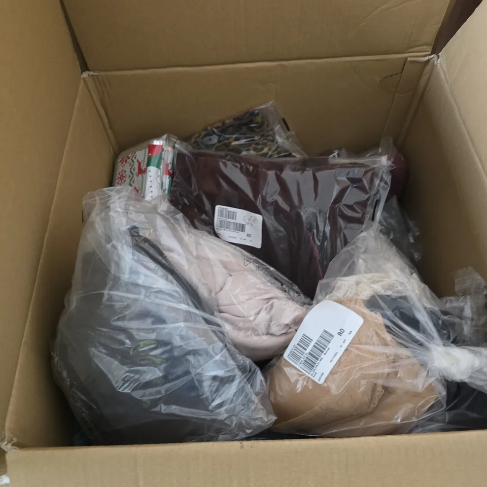 BOX OF APPROXIMATELY 20 ASSORTED CLOTHING ITEMS IN VARIOUS STYLES , COLOURS AND SIZES