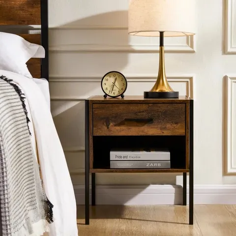 BOXED OSCAR 1 DRAWER INDUSTRIAL BEDSIDE TABLE WITH METAL FRAME AND OPEN SHELF