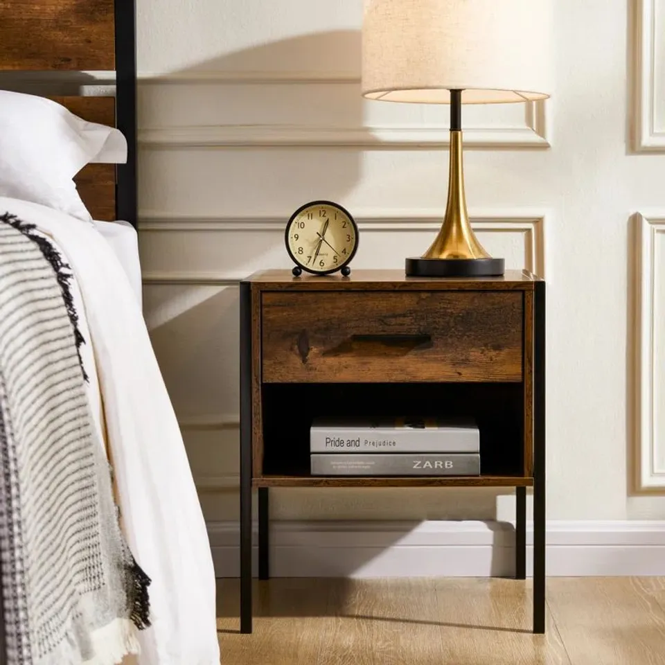 BOXED OSCAR 1 DRAWER INDUSTRIAL BEDSIDE TABLE WITH METAL FRAME AND OPEN SHELF