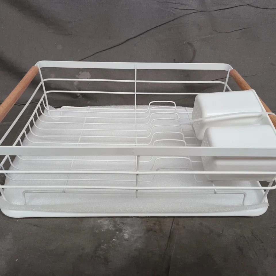 WHITE WIRE DISH DRYING RACK WITH DRIP TRAY AND WOODEN SIDE HANDLES