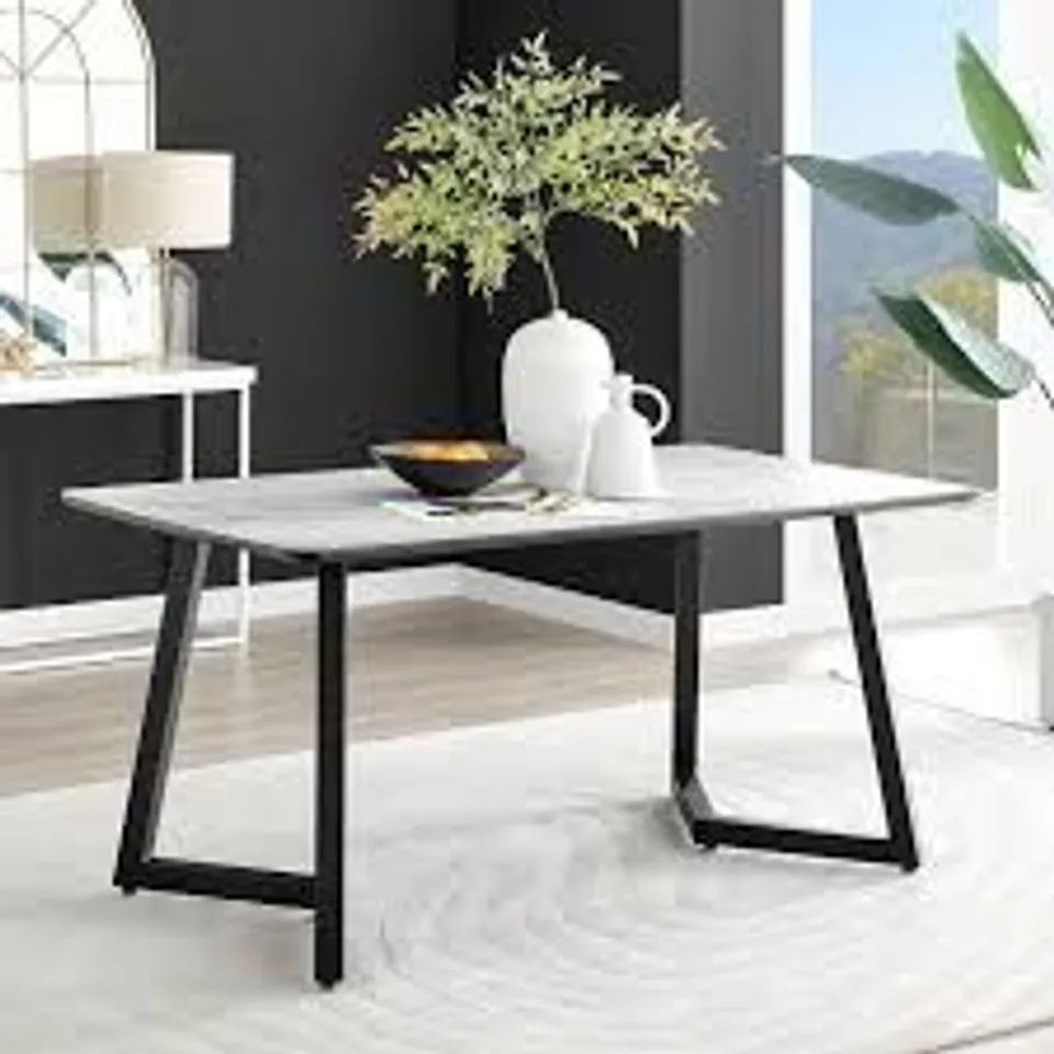 BOXED CARSON 160 SQUARE WHITE MARBLE DINING TABLE WITH BLACK LEGS (2 BOXES)