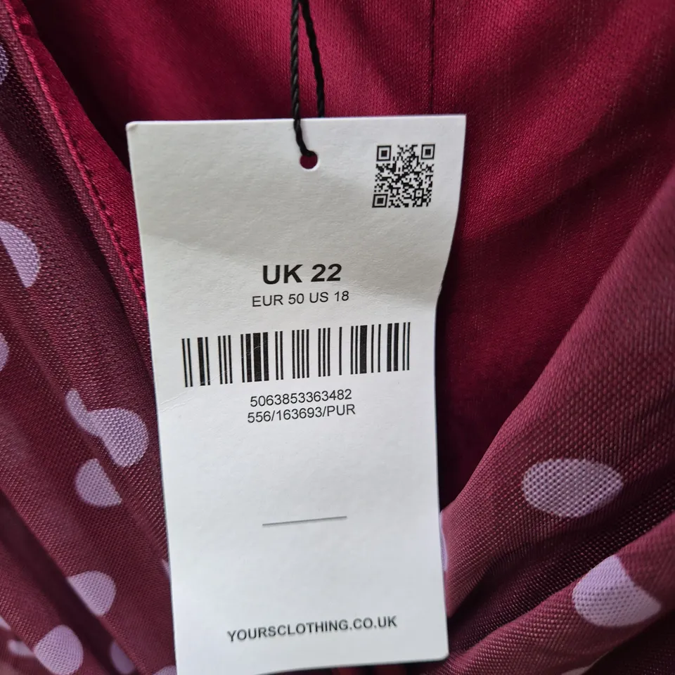 YOURS CLOTHING WOMEN'S PINK POLKA DOT DRESS, UK 22 (EU 50, US 18)