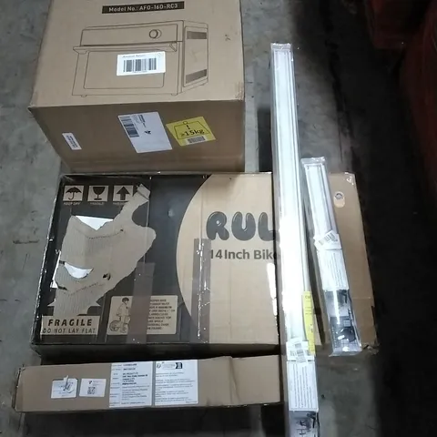 PALLET CONTAINING ASSORTED PRODUCTS INCLUDING DIGITAL AIR FRYER OVEN, 14" BIKE, ROLLER BLINDS & WHITE FLOATING SHELVES