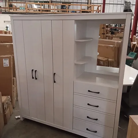 WARDROBE WITH 3 HINGED DOORS, 4 DRAWERS, OPEN SHELF AREA AND MIRROR - WHITE 