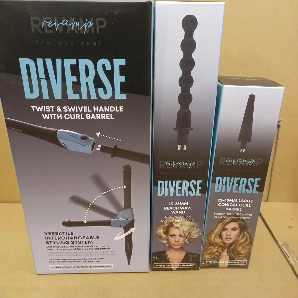 BOXED REVAMP DIVERSE TWIST & SWIVEL HANDLE WITH CURL BARREL, BEACH WAVE WAND AND CONICAL CURL BARREL