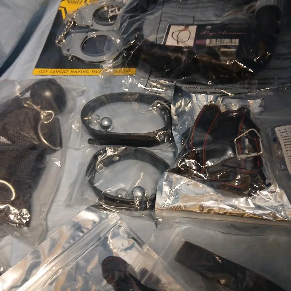LARGE QUANTITY OF ASSORTED SEX TOYS TO INCLUDE; LEG AVENUE BDSM RESTRAINTS SET WITH LEATHER COLLAR, CUFFS & CHAINS