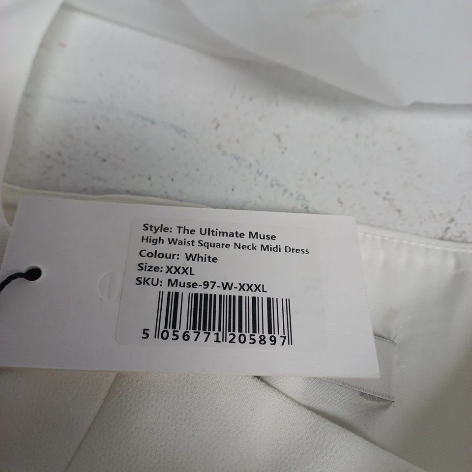 ODDMUSE LONDON THE ULTIMATE MUSE HIGH WAIST SQUARE NECK MIDI DRESS – WHITE, XXXL