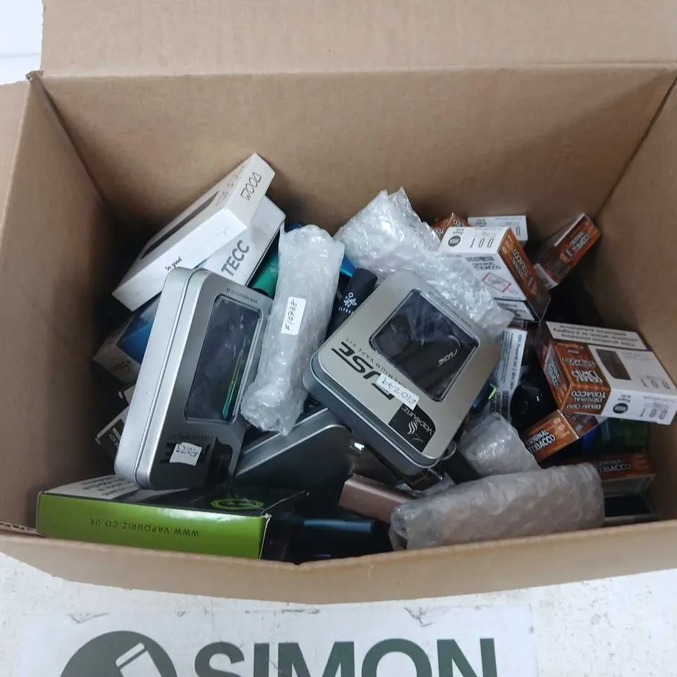 BOX OF APPROXIMATELY 45 ASSORTED E-CIGARETTES AND COMPONENTS TO INCLUDE:  SIKE CRYSTAL RECHARGEABLE DEVICES