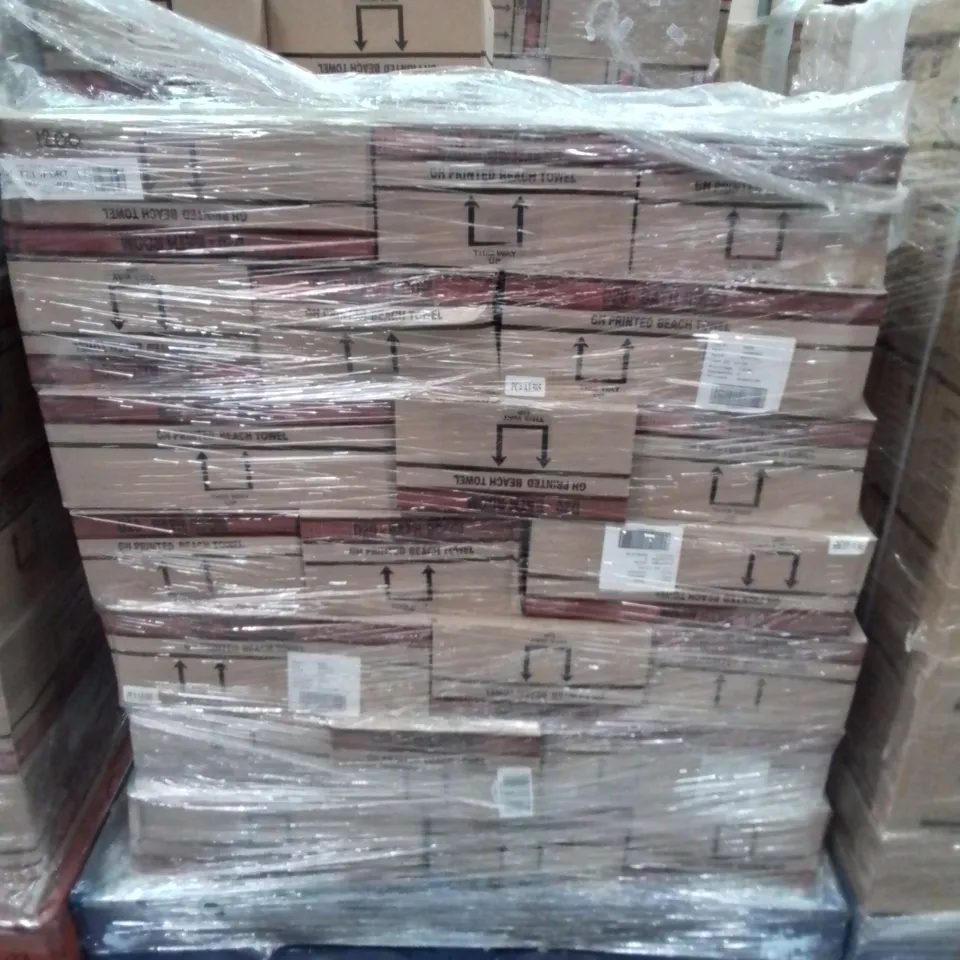 PALLET CONTAINING APPROXIMATELY 50 6-PACK BOXES OF BRAND NEW SUMMER THEMED BEACH TOWELS 