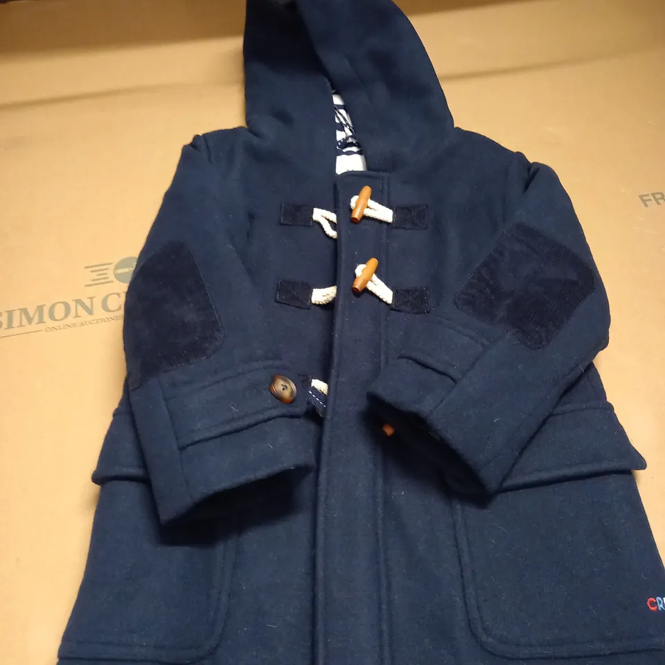 CREW CLOTHING CHILDRENS NAVY BLUE DUFFLE COAT WITH ZIP - SIZE 4-5 YEARS 