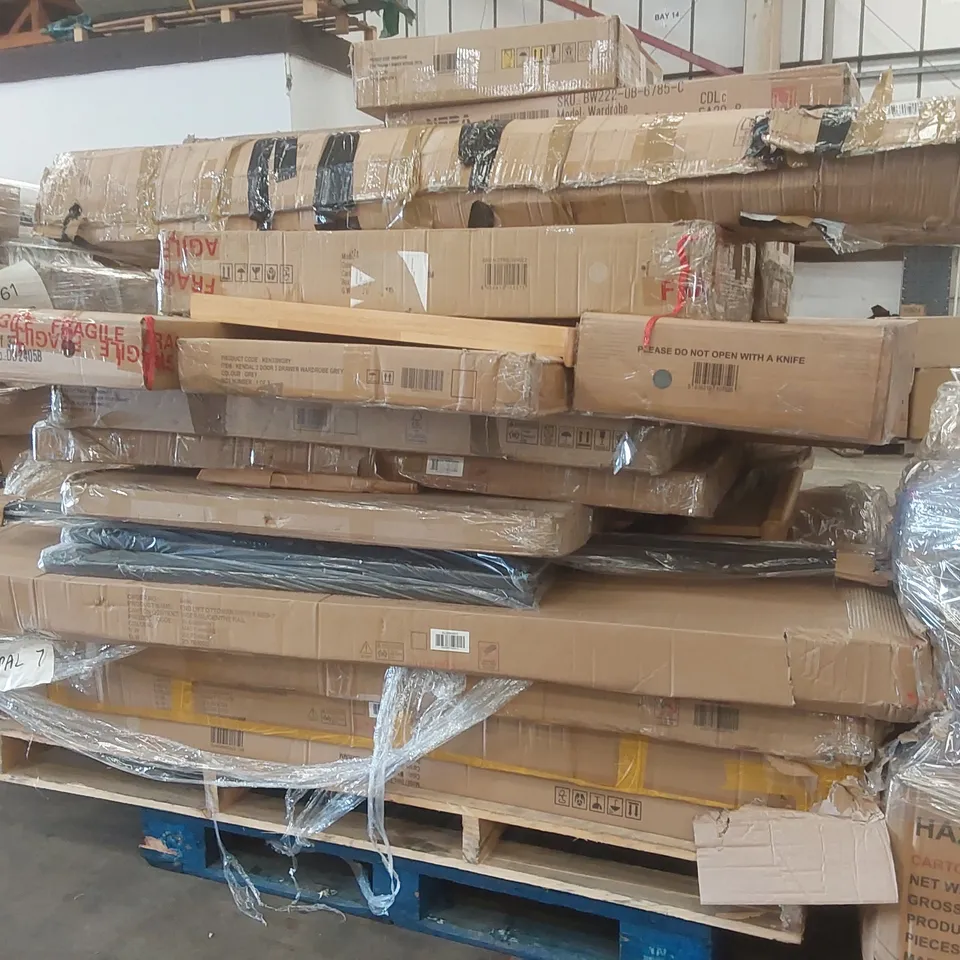 PALLET CONTAINING A VERY LARGE QUANTITY OF ASSORTED FURNITURE PARTS INCLUDING: BED PARTS, WARDROBE PARTS DRESSING TABLE PARTS ECT