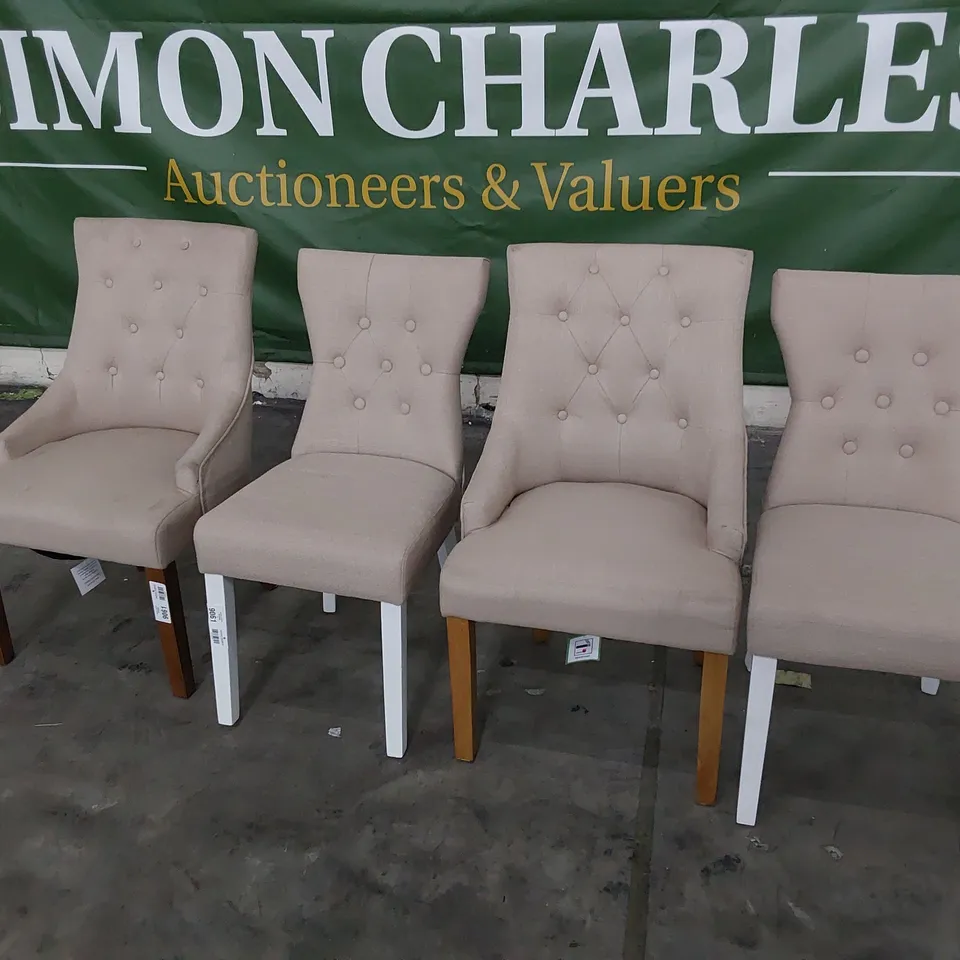 FOUR ASSORTED BUTTONED BACK DINING CHAIRS NATURAL FABRIC 