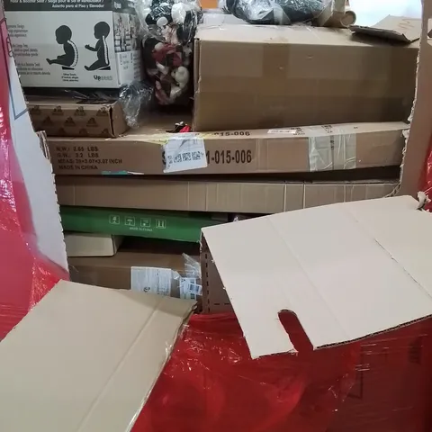 PALLET OF ASSORTED HOUSEHOLD GOODS AND PRODUCTS TO INCLUDE; BABY FLOOR BOOSTER SEAT, UMBRELLA, BOXED FURNITURE ETC