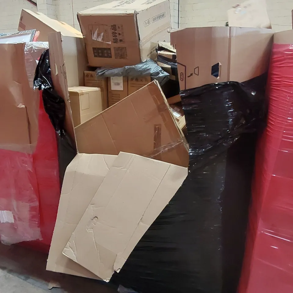 PALLET OF ASSORTED HOUSEHOLD GOODS AND PRODUCTS TO INCLUDE; A LARGE QUANTITY OF KIDS SCOOTERS, CONSOLE TABLE, DUMBELL RACK, BOXED FURNITURE ETC