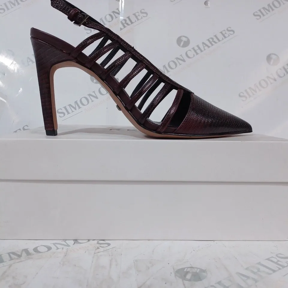 BOXED PAIR OF REISS DAPHNE SLINGBACK HEELS IN POMEGRANATE SIZE 6