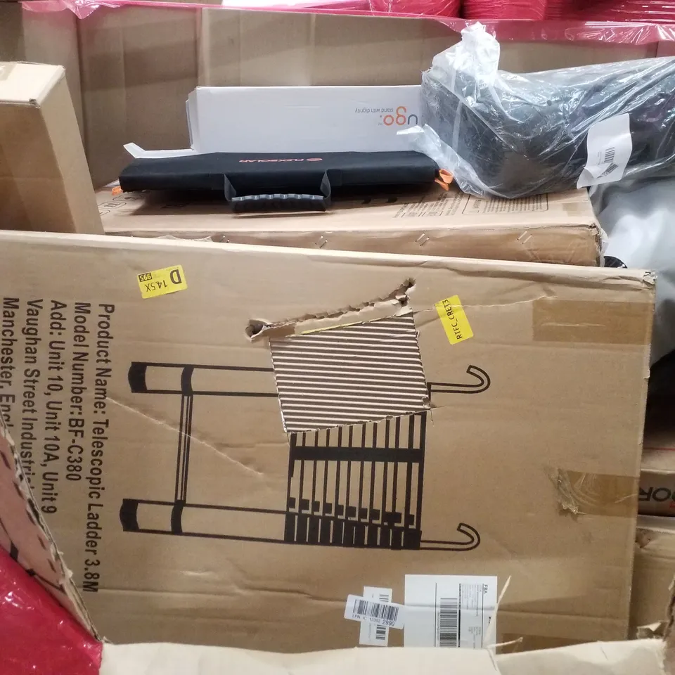 PALLET CONTAINING ASSORTED PRODUCTS INCLUDING HEX TRAP BAR, TELESCOPIC LADDER 3.2M, WALL CLOCK & UGO STAND WITH DIGNITY COVER