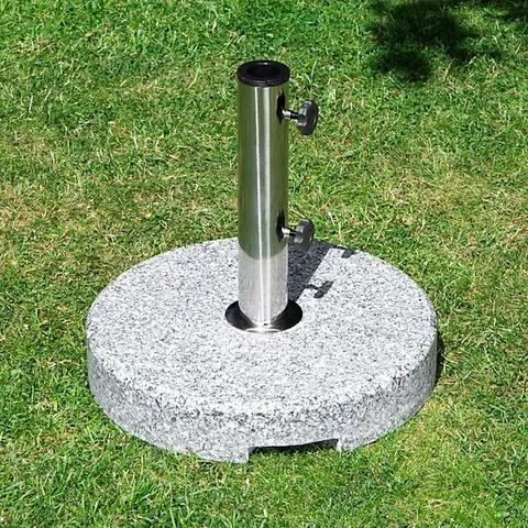 25KG ROUND GRANITE GARDEN PARASOL OR UMBRELLA BASE WEIGHT STAINLESS STEEL POLE
