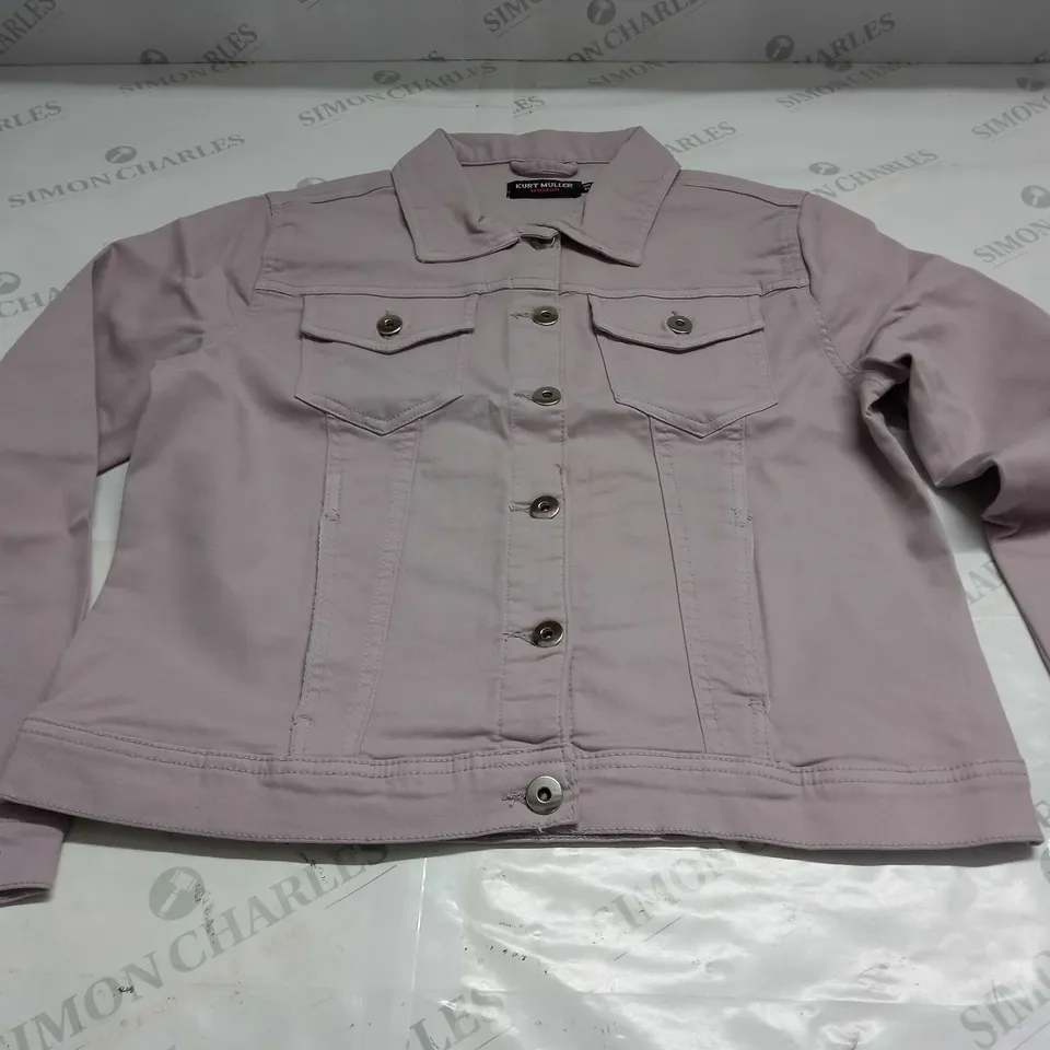 KURT MULLER WOMAN CROP FAUX DENIM JACKET IN PALE PINK - UK 14