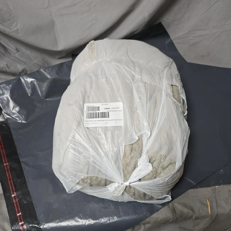 COZEE HOME LUXURY RUCHED FAUX FUR AND VELVETSOFT HEATED THROW GREY. UNBOXED