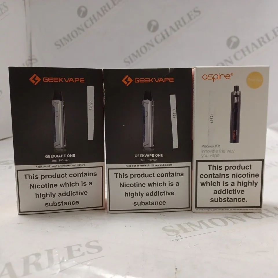 LOT OF THREE TO INCLUDE GEEKVAPE ONE 2ML 780MAH , ASPIRE POCKEX KIT , ETC