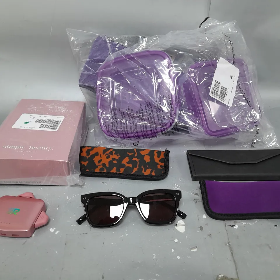 BOX OF APPROXIMATELY 10 ASSORTED ITEMS TO INCLUDE SUNGLASSES, SIMPLY BEAUTY KIT, CHARGING PORT ETC 