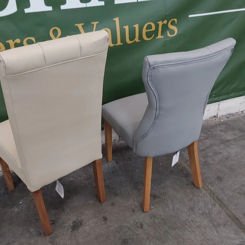 TWO UPHOLSTERED BUTTONED BACK DINING CHAIRS CREAM PU & GREY PU