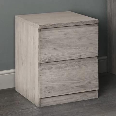 BOXED BEDSIDE CHEST, JUPITER 2 DRAWER BEDSIDE CABINET - GREY OAK (1 BOX)