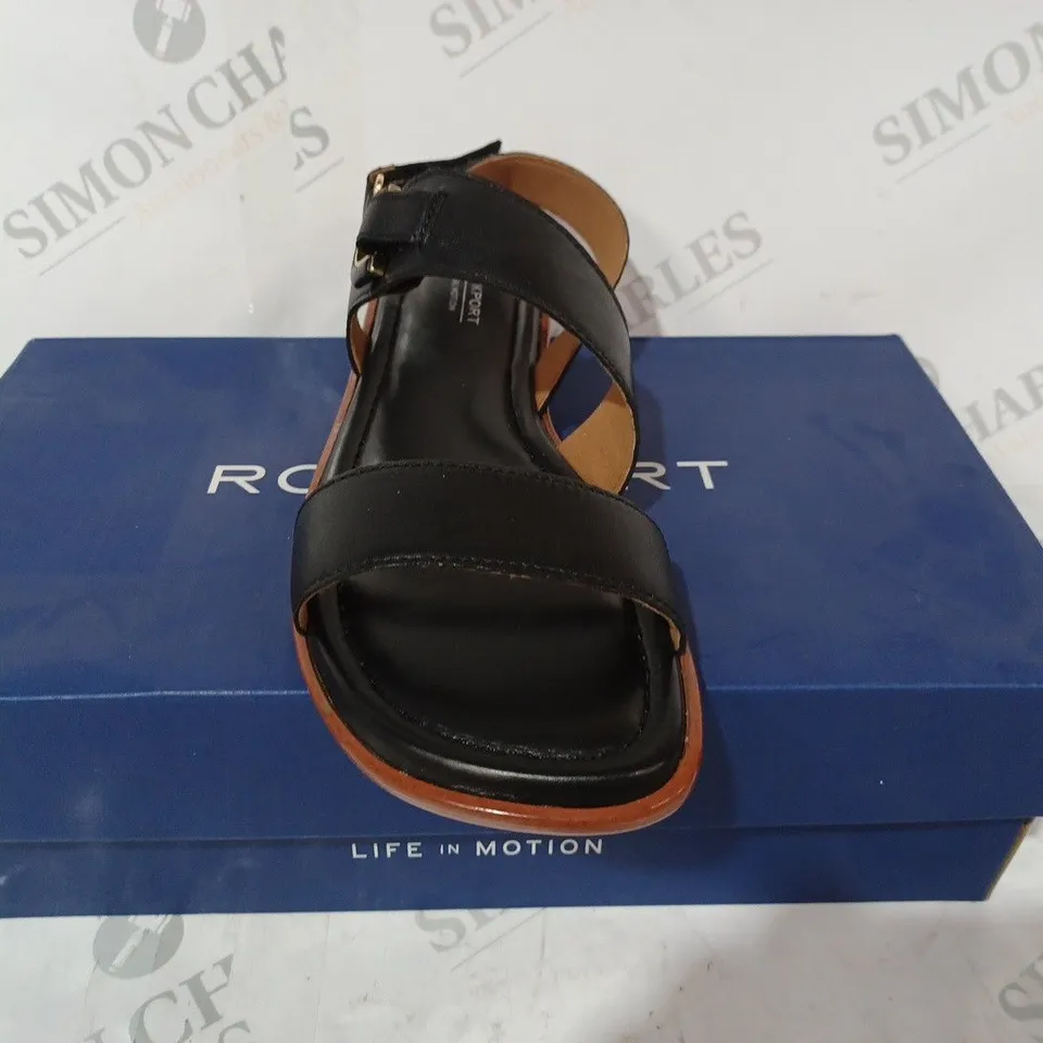 BOXED PAIR OF ROCKPORT ZADIE OPEN TOE FLAT SANDALS IN BLACK UK SIZE 5