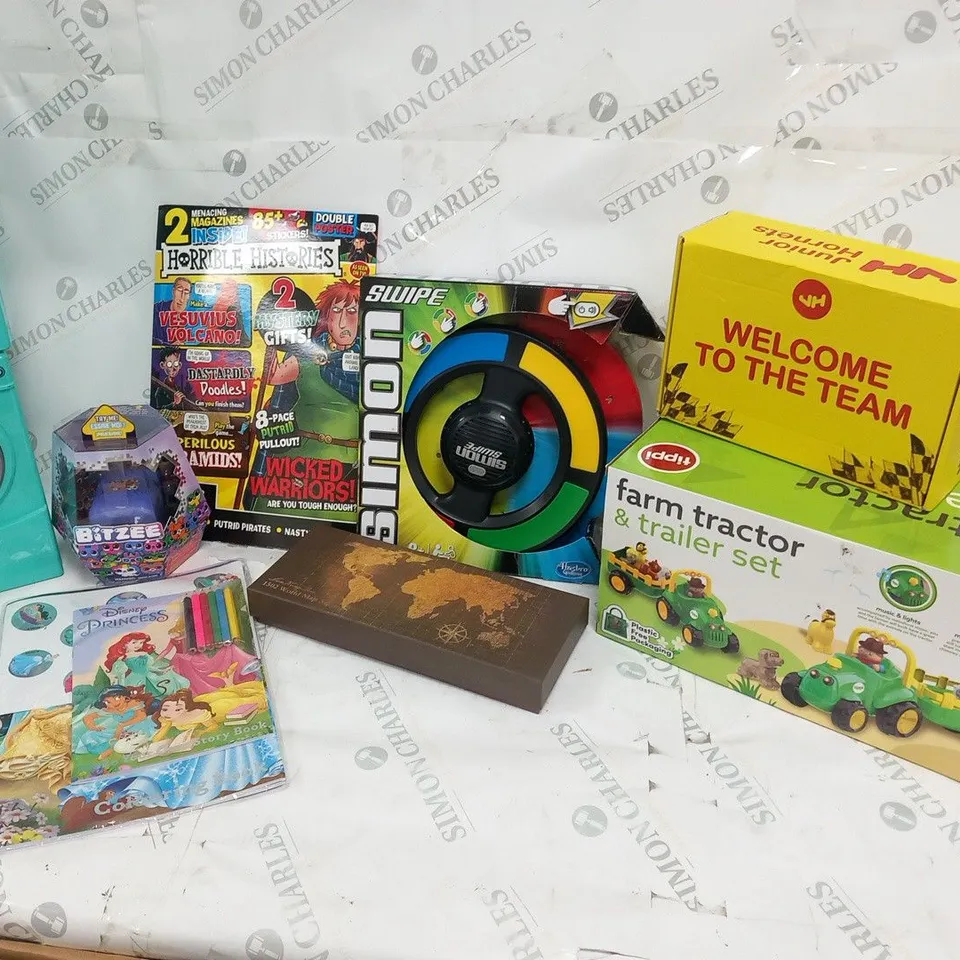 LARGE QUANTITY OF ASSORTED TOYS AND ACCESSORIES TO INCLUDE; SIMON SWIPE, FARM TRACTOR AND TRAILER SET, JUNIOR HORNETS WELCOME PACK AND HORRIBLE HISTORIES MAGAZINE