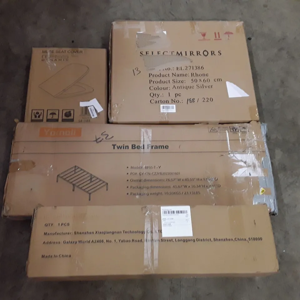 PALLET OF ASSORTED PRODUCTS INCLUDING TOILET SEAT, SELECT MIRRORS RHONE, TWIN BED FRAME, ELECTRIC CLOTHES DRYER