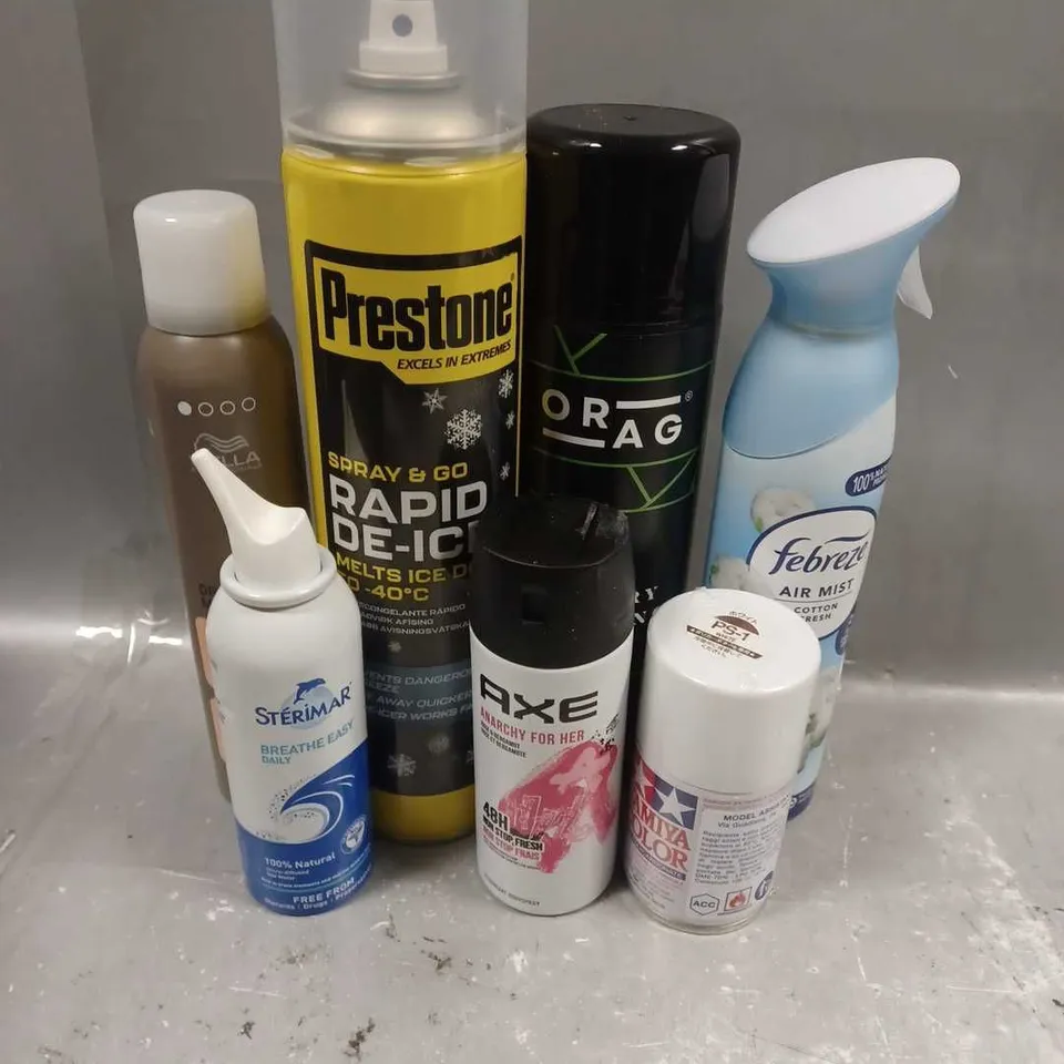 APPROXIMATELY 15 ASSORTED AEROSOLS TO INCLUDE - FEBREZE AIR MIST - PRESTONE RAPID DE-ICER - WELLA DRY SHAMPOO - COLLECTION ONLY